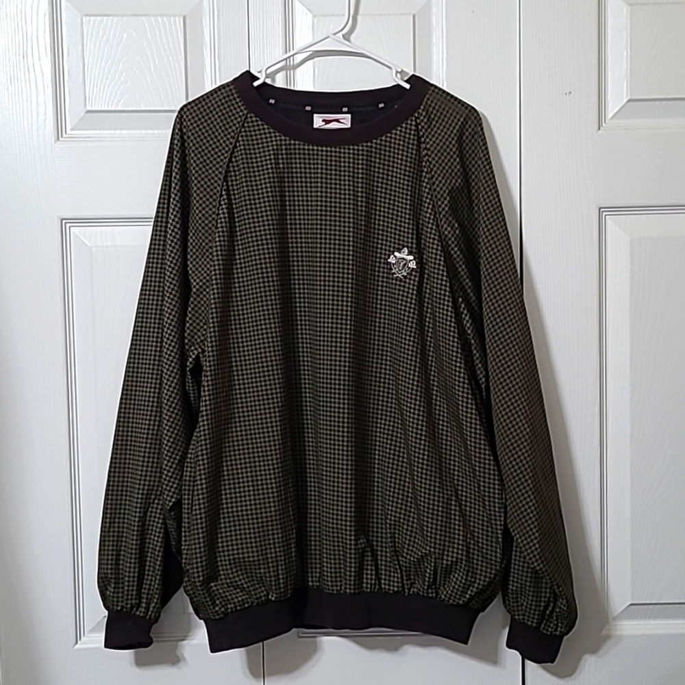Warm Up Jacket Shirt Olive Green & Black Houndstooth Design, Large, EUC